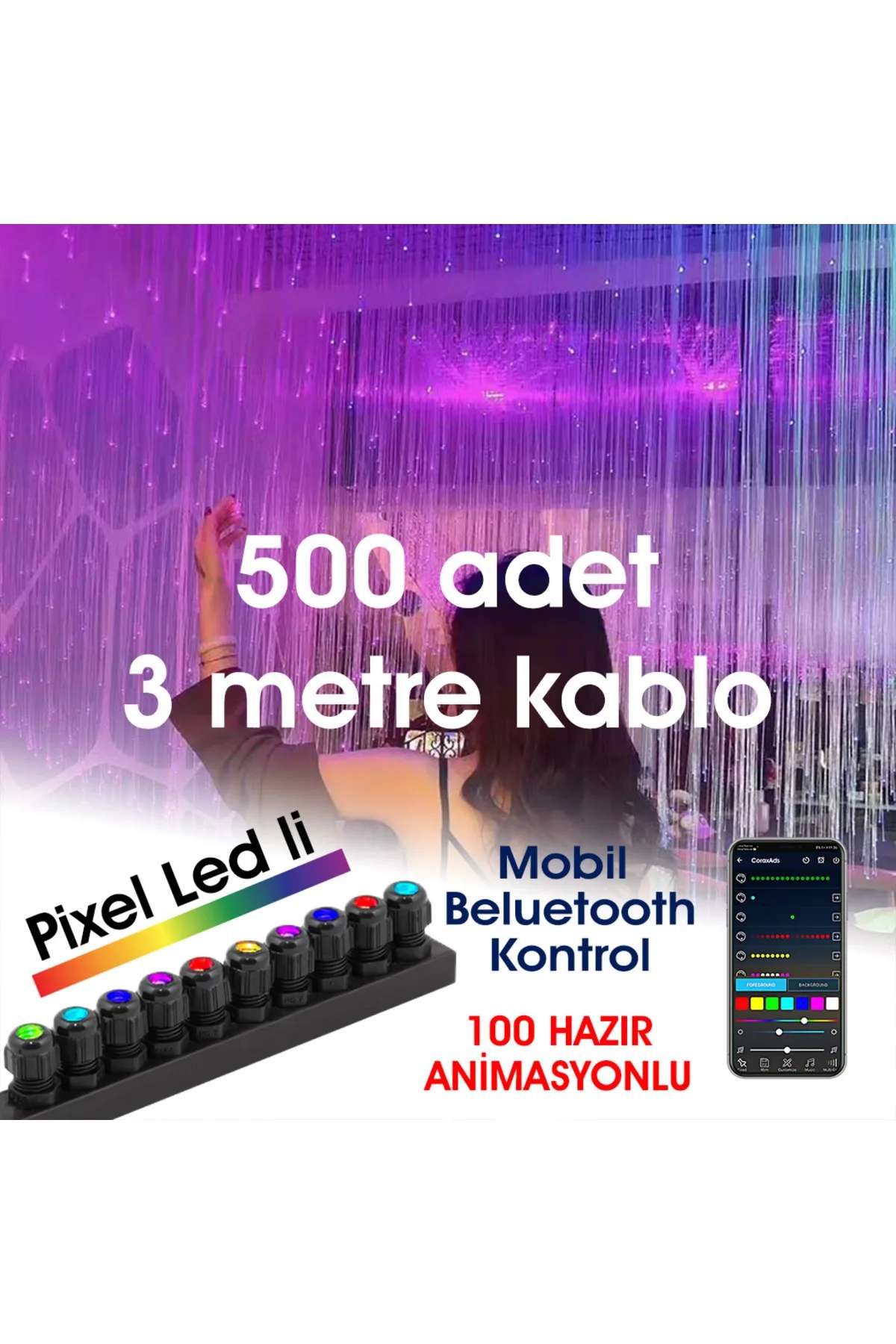 Fiber Optik Şelale, Işık Perdesi, Yağmur Dekor, 500 ADET 3MT 0.75MM KABLO + Animasyonlu IŞIK KAYNAĞI