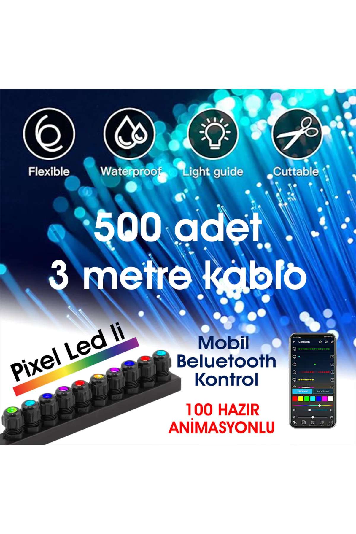 Fiber Optik Şelale, Işık Perdesi, Yağmur Dekor, 500 ADET 3MT 0.75MM KABLO + Animasyonlu IŞIK KAYNAĞI