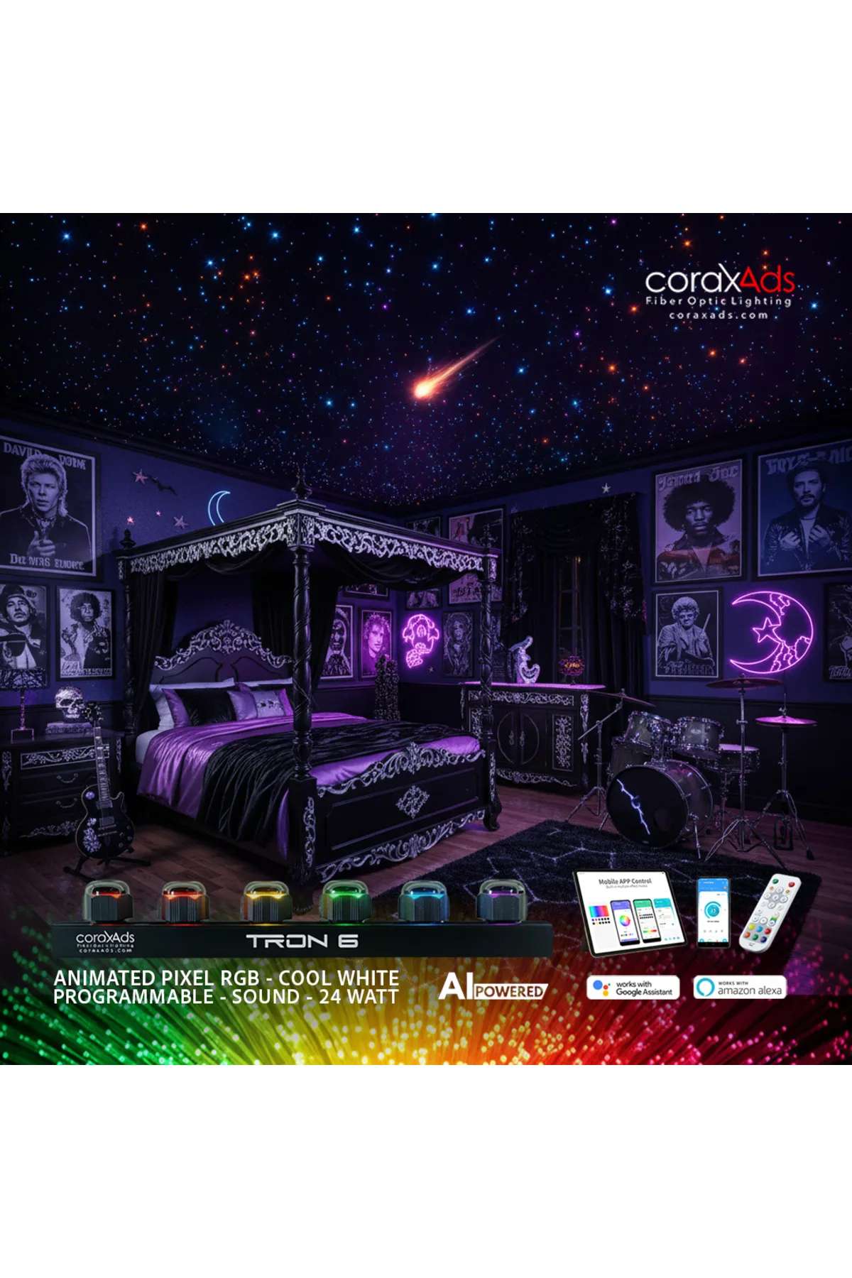 GOTIK GENÇ ODASI AMBİYANS AYDINLATMA FİBER OPTİK YILDIZ TAVAN UYGULAMA SETİ - KAYAN YILDIZLI