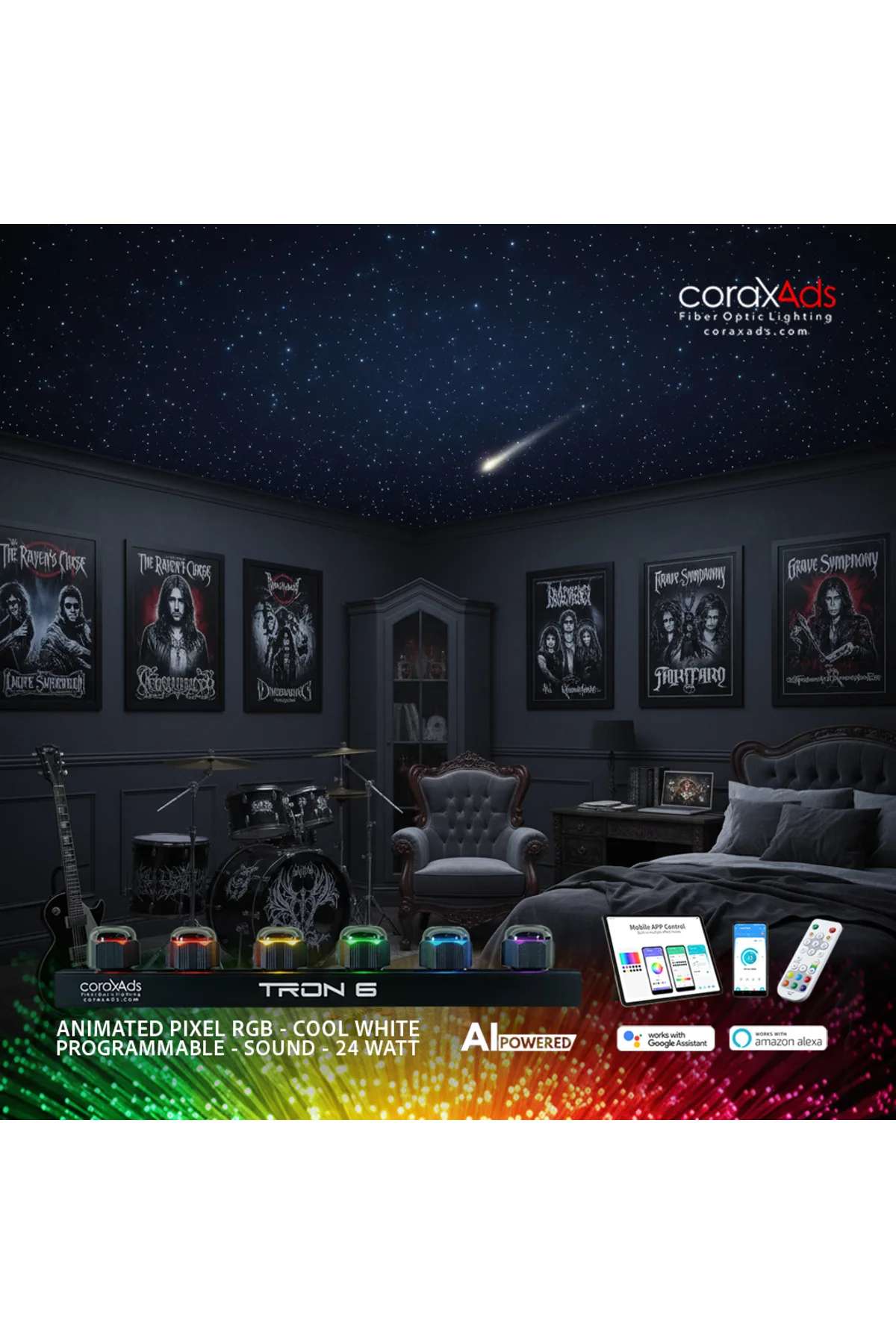 GOTIK GENÇ ODASI AMBİYANS AYDINLATMA FİBER OPTİK YILDIZ TAVAN UYGULAMA SETİ - KAYAN YILDIZLI