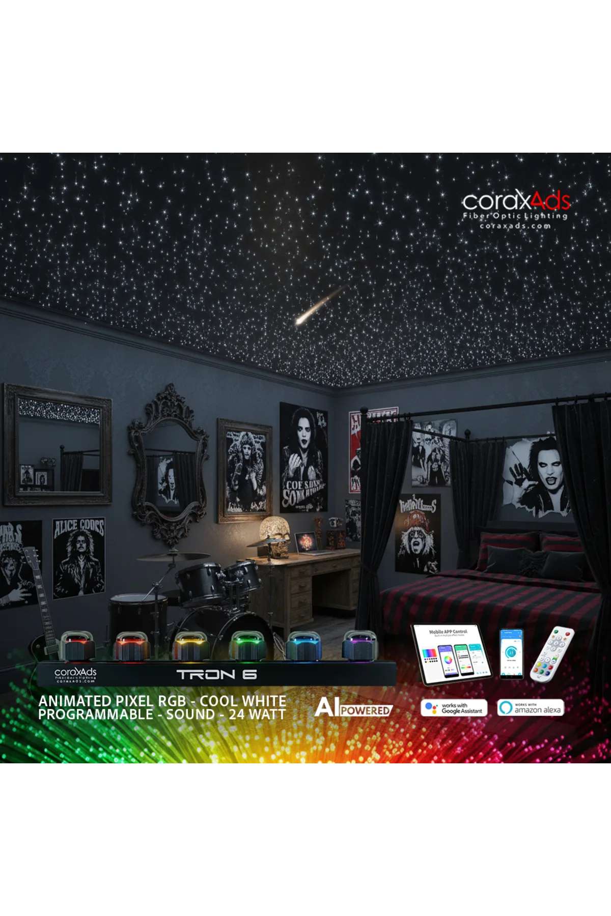 GOTIK GENÇ ODASI AMBİYANS AYDINLATMA FİBER OPTİK YILDIZ TAVAN UYGULAMA SETİ - KAYAN YILDIZLI