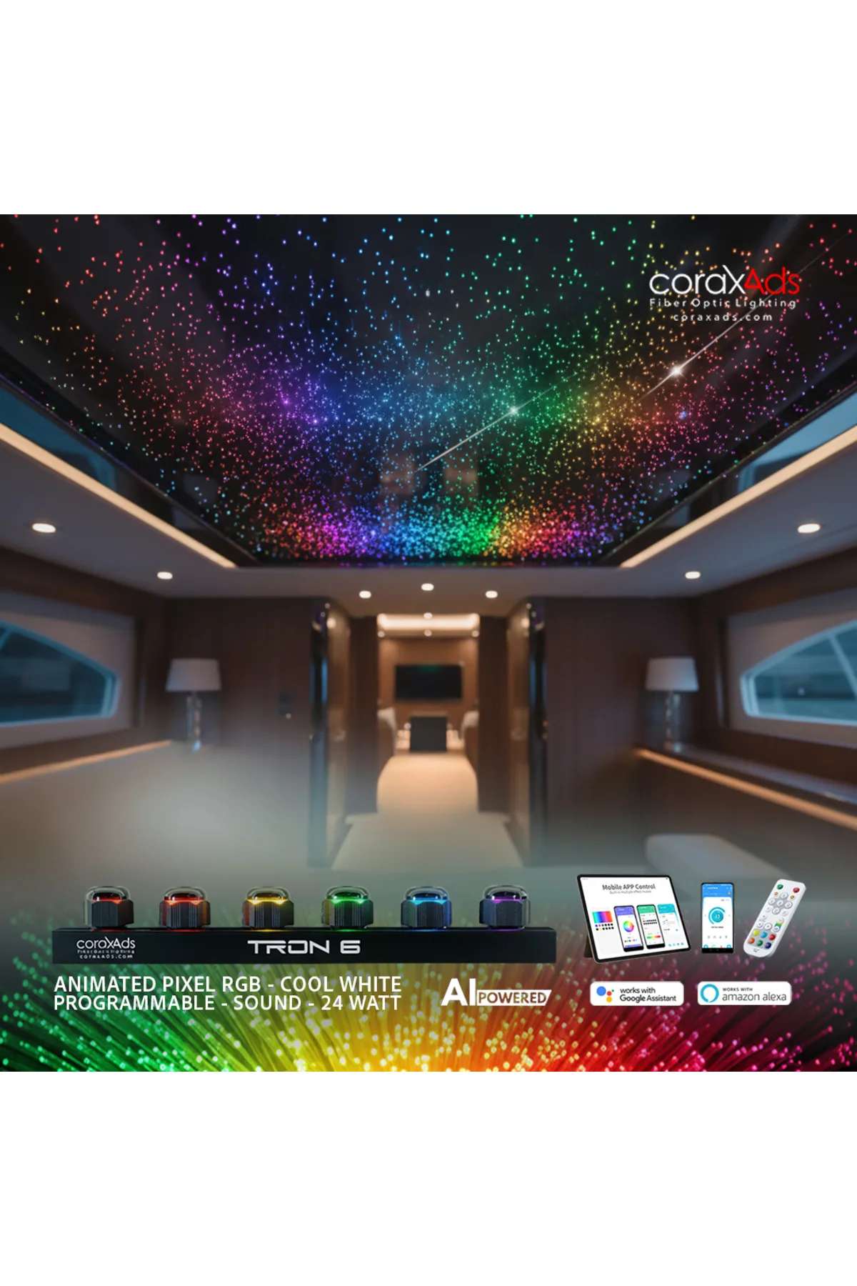 TEKNE, YAT, DENİZ TAŞITLARI AMBİYANS AYDINLATMA FİBER OPTİK YILDIZ TAVAN SETİ - KAYAN YILDIZLI