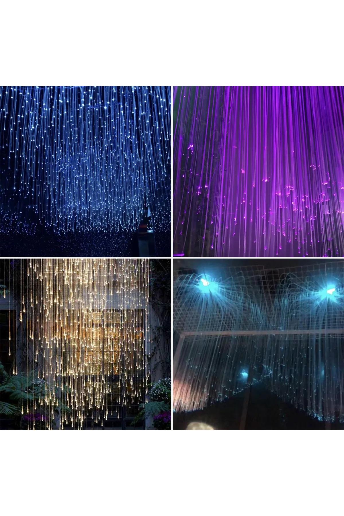 Fiber Optik Şelale, Işık Perdesi, Yağmur Dekor, 500 ADET 3MT 0.75MM KABLO + Animasyonlu IŞIK KAYNAĞI