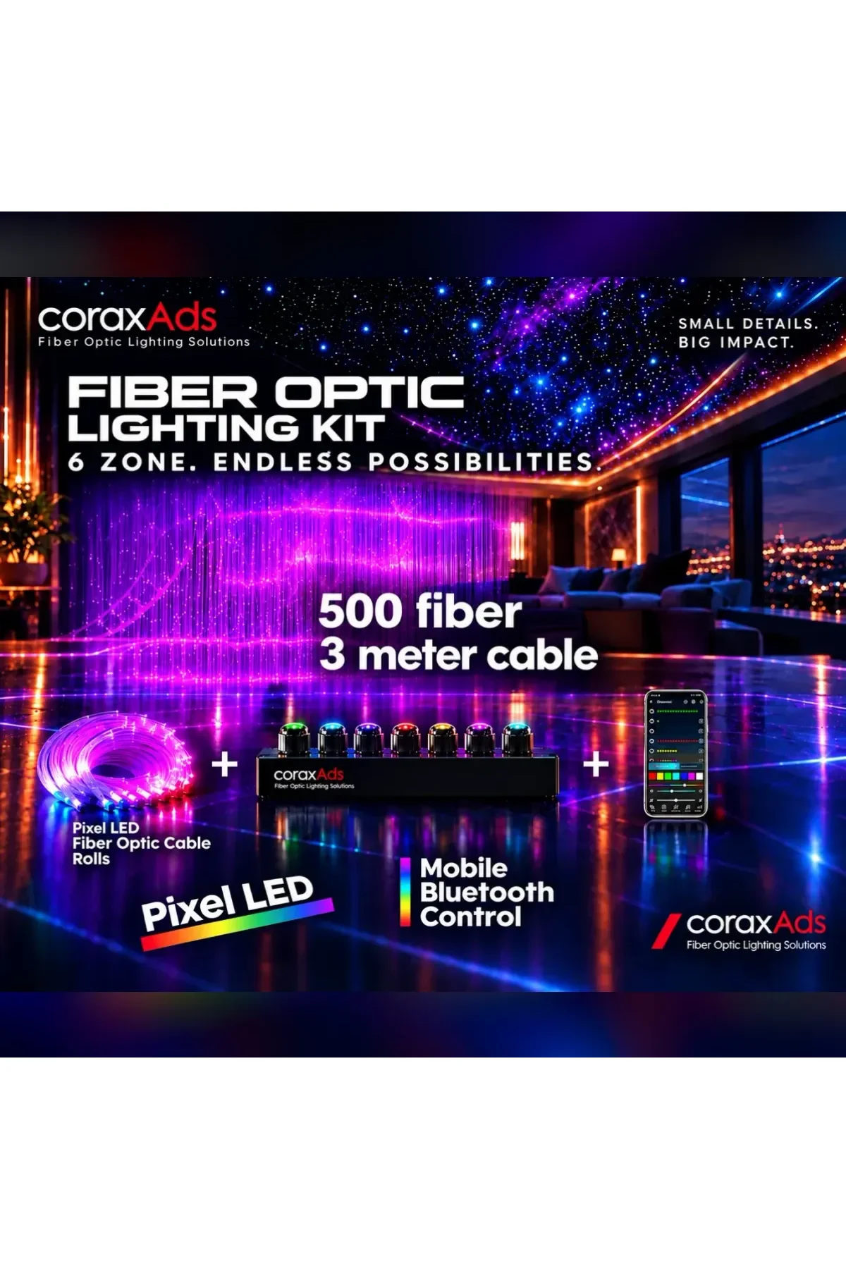 Karanlık mekânda aşağı akan fiber optik yağmur perdesi ışık çizgileri